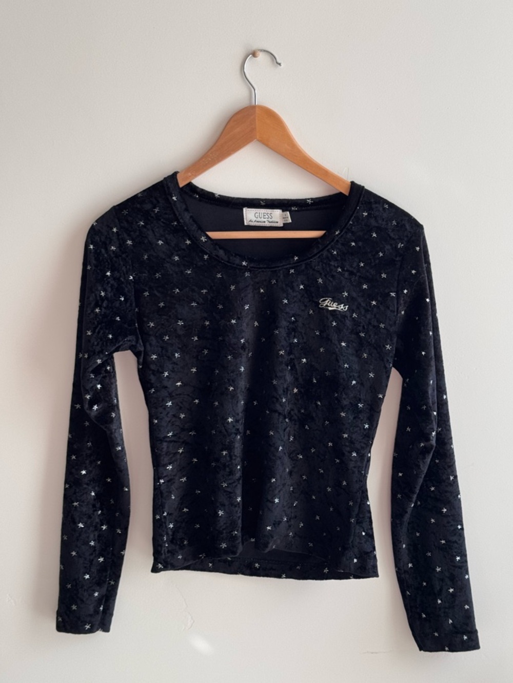 GUESS Black Velvet Top with Silver Star Accents